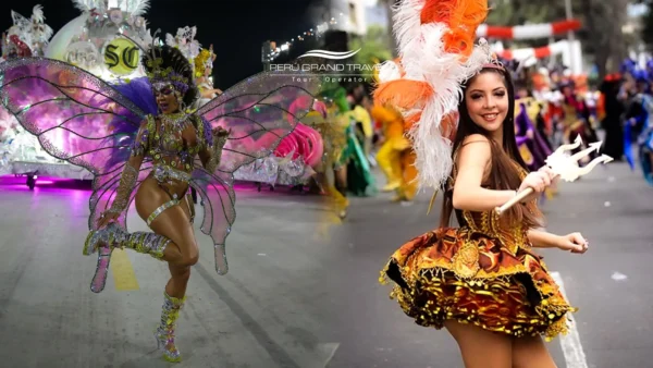 Carnival in Brazil vs Carnival in Peru mostrando o contraste entre o vibrante desfile de samba no Brasil com fantasias elaboradas e uma dançarina tradicional do Carnaval n