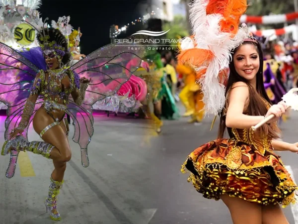 Carnival in Brazil vs Carnival in Peru mostrando o contraste entre o vibrante desfile de samba no Brasil com fantasias elaboradas e uma dançarina tradicional do Carnaval n