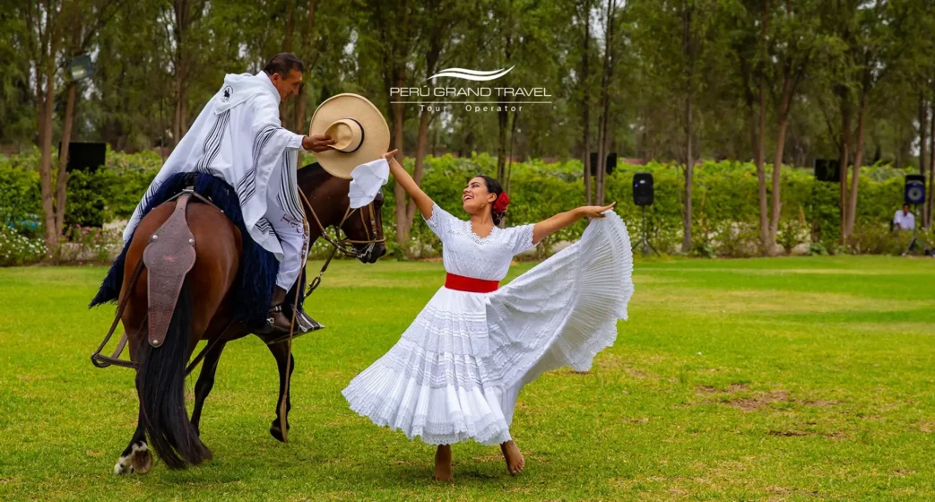 Dança da Marinera com um chalán e um Cavalo Peruano de Paso em um show cultural ao ar livre, destacando tradição e elegância peruana