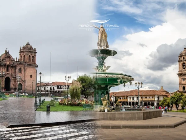 Plaza de Armas de Cusco com o céu parcialmente nublado e raios de sol, mostrando o contraste entre a estação seca e a chuvosa — uma imagem que representa o clima em Cusco e sua beleza andina.