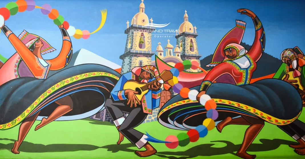 Ilustração artística de danças andinas representando o Centro Qosqo de Arte Nativo
