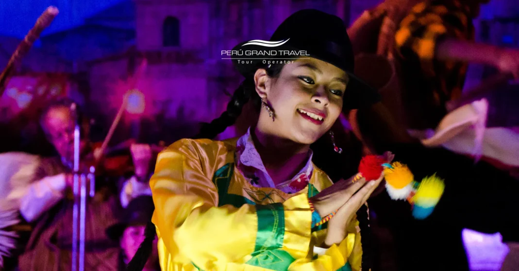 Jovem dançarina com traje tradicional andino durante apresentação ao vivo