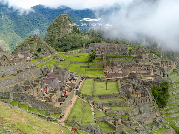 Vista panorâmica de Machu Picchu mostrando terraços incas e estruturas de pedra nos Andes.