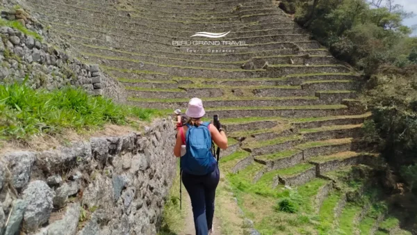 Viajante caminhando pela Trilha Inca Curta em Wiñay Wayna, cercado por terraços incas e natureza andina até Machu Picchu