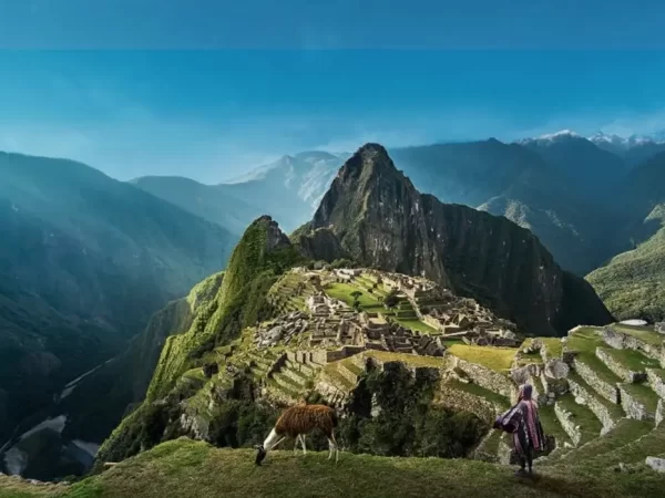 Machu Picchu em uma fotografia panorâmica, lhamas pastando nos Andes e uma vista do Rio Urbamba na parte inferior