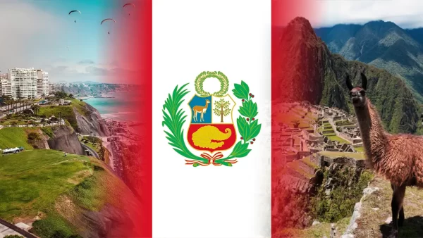 Malecón de Miraflores em Lima, a bandeira peruana e Machu Picchu com lhamas